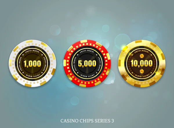 Casino Monedas Chip Conjunto Bokeh Fondo Vector Ilustración — Vector de stock