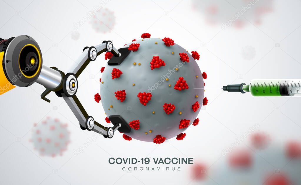 nano robot hand ai with corona virus covid 19 vaccine in realistic style in microscope monitor vector illustration