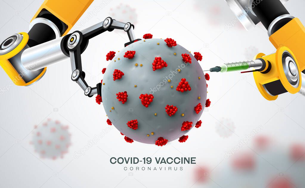 nano robot hand ai with corona virus covid 19 vaccine in realistic style in microscope monitor vector illustration