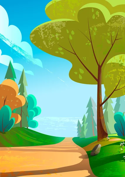 Ilustración vectorial de un hermoso paisaje verde con camino a las montañas — Vector de stock