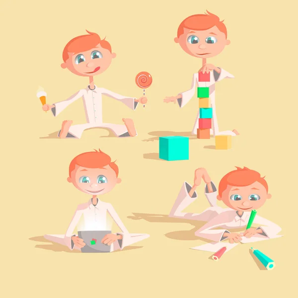 Pequeño niño encantador jugando con juguetes. El chico construye casa a partir de cubos. dibuja lápices. toca una almohadilla. come dulces Colorido vector ilustración conjunto — Vector de stock