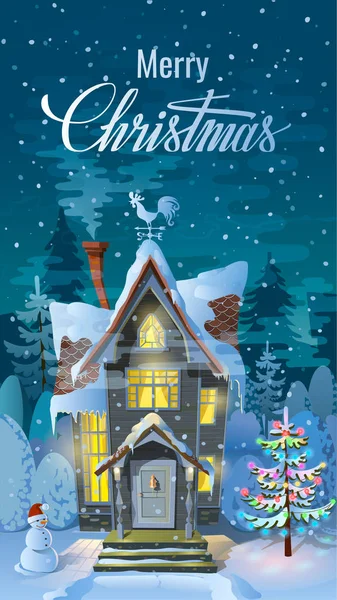 Navidad. La noche del invierno, la casa Familiar antes de la fiesta. Una ilustración para la tarjeta. Cartel de Año Nuevo — Vector de stock