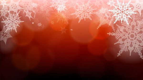 Flocos de neve e luzes embaçadas no fundo vermelho escuro. Grande pano de fundo para temas de inverno ou Natal. Espaço seu texto . — Vetor de Stock