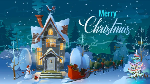 Noel. Gece Noel Baba'nın ve onun ren geyiği ile kızak atlı kızak. Kış saati, yan tümce bir tatil önce müstakil ev. Bir illüstrasyon kart için. Yeni yıl poster