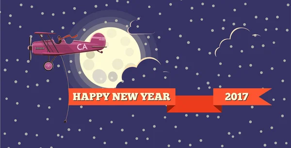 Avião com Banner Feliz Ano Novo na Sky para Web, Mobile e. Vetor —  Vetores de Stock