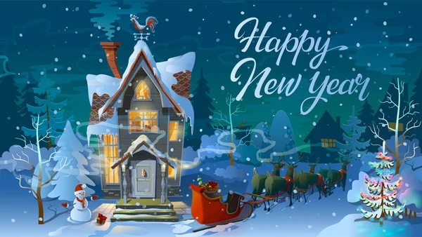 Yeni Yılınız Kutlu Olsun. Kış zamanı. Gece Noel, Aile eve daha önce bir tatil. Bir illüstrasyon kart için. s poster