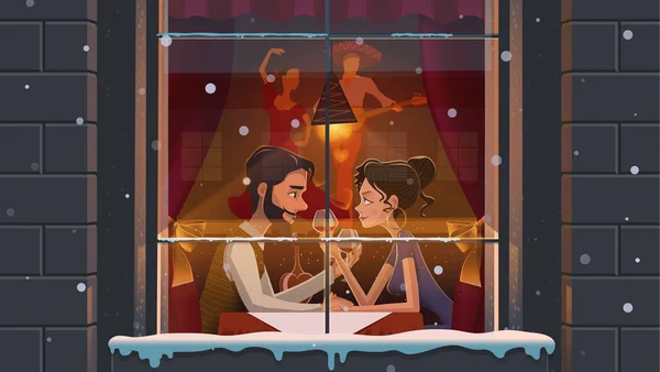 Restaurante. Día de San Valentín. Guy y la chica una reunión romántica en restaurantes mexicanos temáticos . — Vector de stock