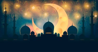 Hilal ve yıldız ile gece gökyüzünde Camii siluet