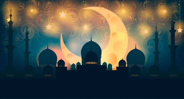 Silhouette de mosquée dans le ciel nocturne avec croissant de lune et étoile — Image vectorielle