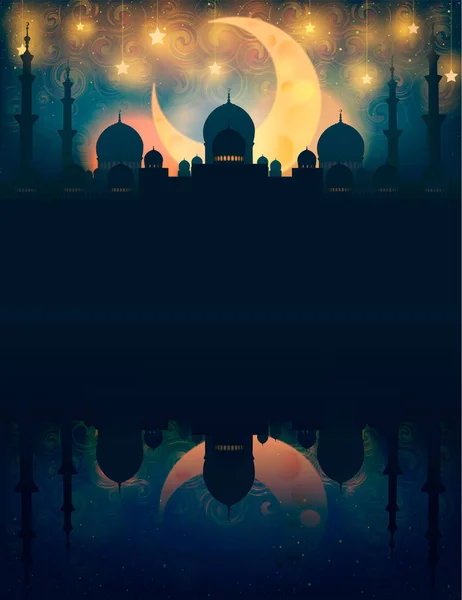 Silueta de mezquita en el cielo nocturno con luna creciente y estrella — Vector de stock