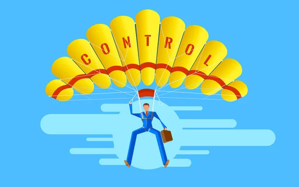 Business concept. Elegant Character. Businessman people jumping on parachute of control — Stock Photo, Image