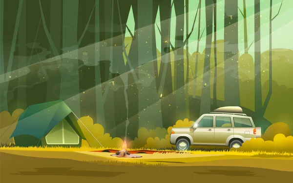 Campamento y coche en el bosque — Vector de stock