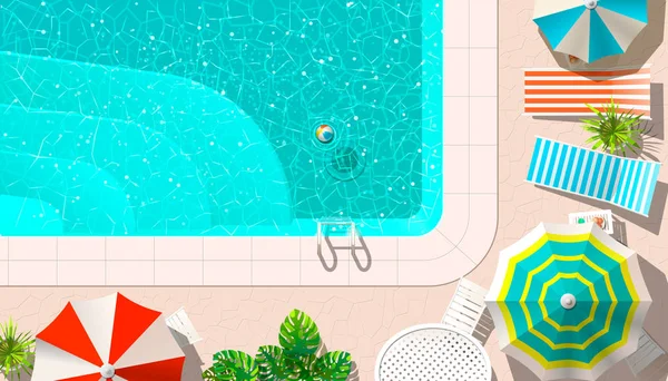 Piscina y salones con sombrillas — Vector de stock