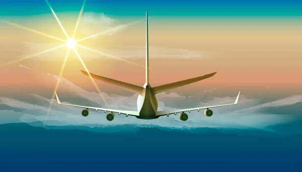 Flying airplane in the sky. Vector illustration of jet flying in sunny blue sky in back view. — Stock Vector