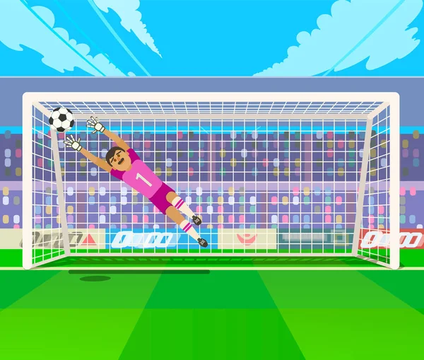 Kaleci topu için atlama. Kaleci futbol oynarken top için atlama vektör çizim.