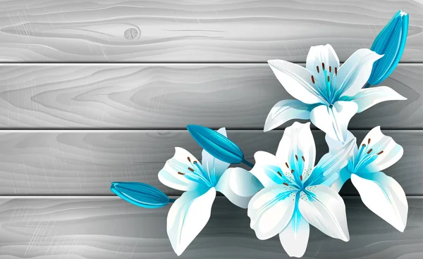 Μπλε και άσπρα λουλούδια σε ξύλο. απεικόνιση του μπλε και του λευκού ανθισμένα λουλούδια σε γκρίζο φόντο ξύλινη. — Φωτογραφία Αρχείου
