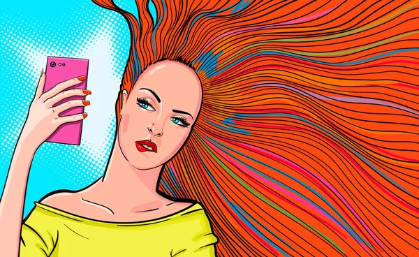 Zrzka žena pořizování selfie. ilustrace rusovláska žena s dlouhými vlasy, kousání rtu a pořizování selfie v pop-art. — Stock fotografie