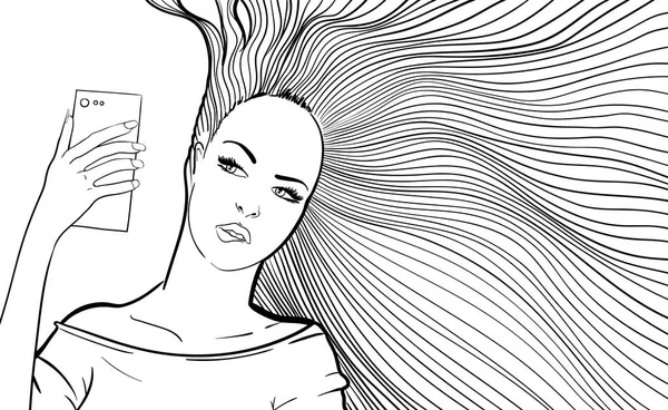 Жінка з довгим волоссям бере селфі. ілюстрація жінки з довгим махаючим волоссям, що приймає селфі зі смартфоном . — стокове фото