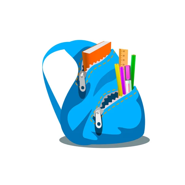 Mochila azul con suministros. Ilustración vectorial de mochila azul con suministros aislados en blanco . — Vector de stock