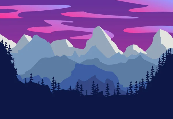 美しい山の夜の風景。番目の森のシルエット — ストックベクタ