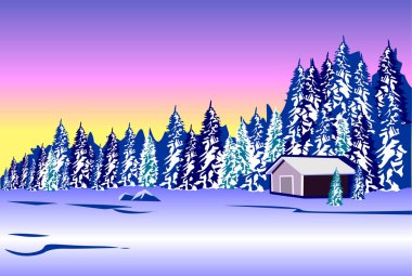 Kış manzarası. Cottage forest daw bir arka plan üzerinde yakınındaki