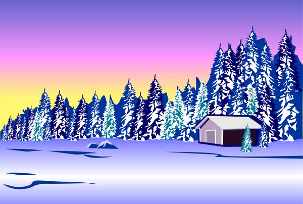 Paisagem de inverno. Cottage perto da floresta em um fundo de amanhecer —  Vetores de Stock