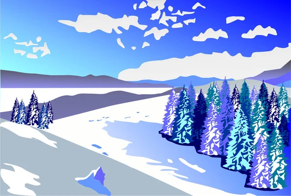 Wunderschöne Winterlandschaft. schneebedeckte Hänge und Wald im Hintergrund — Stockvektor