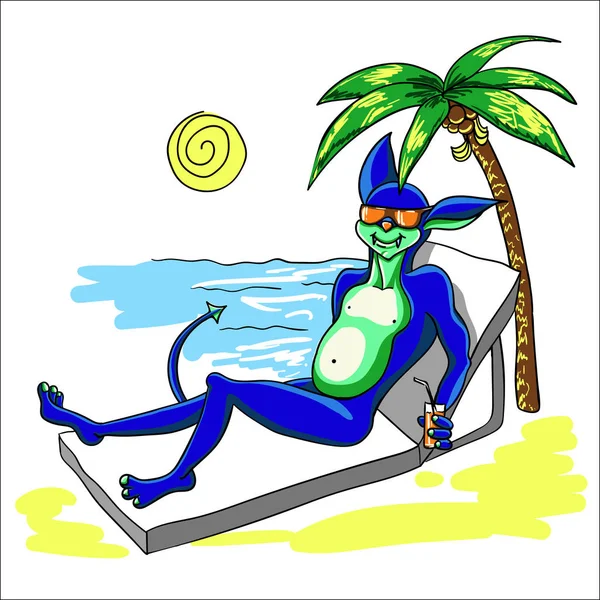Un extraterrestre avec une queue en vacances se repose sur la plage au bord de la — Image vectorielle