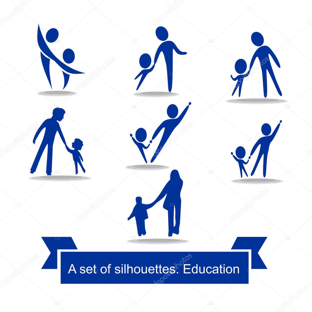 A set of simple logos. Silhouettes of people holding hands. Man and child. Education