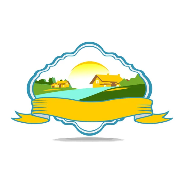 Logo Acogedor Pueblo Hermoso Valle Tranquilo Donde Hay Río Ilustración — Vector de stock