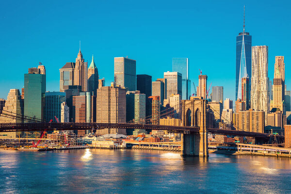 Skyline of downtown New York, Brooklin Bridge and Manhattan at the morning light , New York City, USA