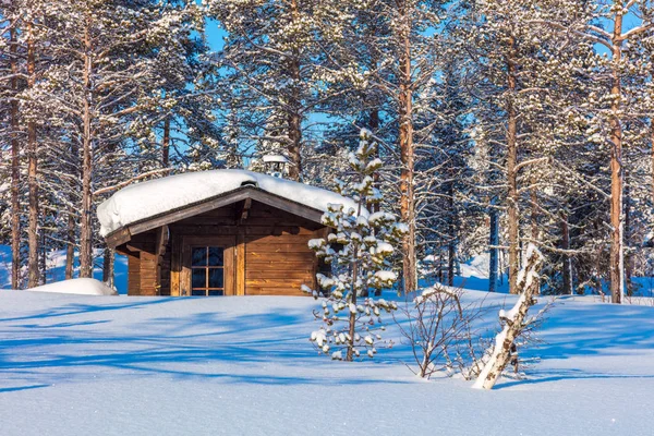 Северный зимний лес Пейзаж с деревянным домиком — стоковое фото