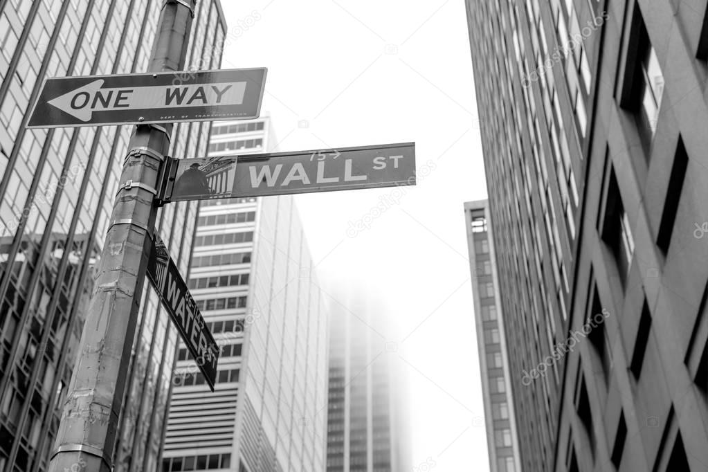 Famous Wall Street sign in the street of Manhattan, NYC