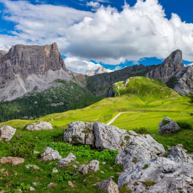 Yaz Dağı yeşil vadi manzarası yolu ile, yaz günü Dolomitler Alpleri, Avrupa