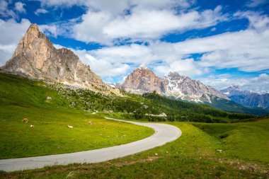 Dağın yeşil vadisi yolu, Dolomites Alplerinde yaz günü