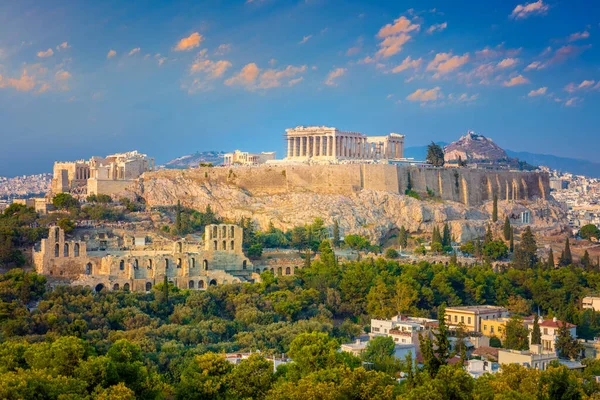 Berömd Plats Akropolis Aten Grekland Med Parthenon Templet Solnedgången Tid — Stockfoto