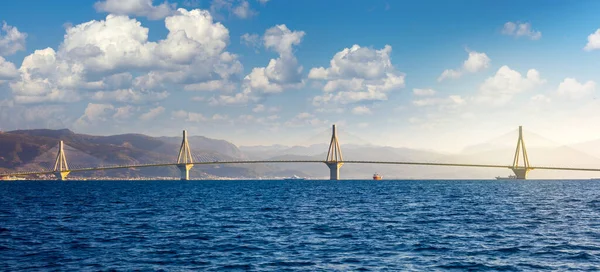 Panoramic View Modern Bridge White Clouds Rion Antirion Bridge Greece — Stock Photo, Image