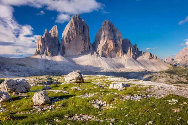 Gyönyörű Reggel Tre Cime Lavaredo Hegység Kék Dolomitok Alpok Olaszország — Stock Fotó