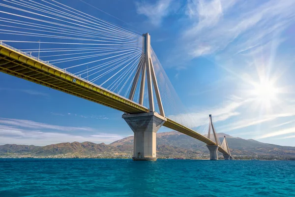 Amazing Modern Bridge Blue Sky Sun Rion Antirion Bridge Bridge — Stock Photo, Image