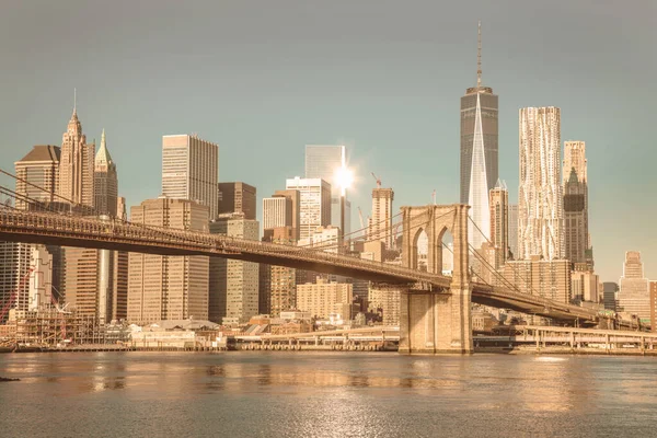 Vintage Famous Skyline Downtown New York Brooklin Bridge Manhattan Early — Φωτογραφία Αρχείου