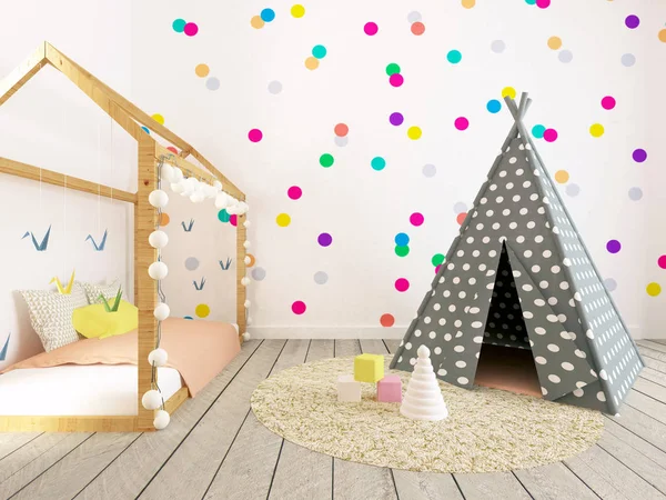 Babyzimmerausstattung, buntes Kinderzimmer Stockbild