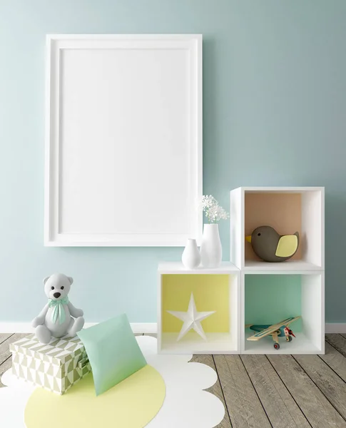 Moldura de cartaz Mockup na sala de bebê Interior Imagem De Stock