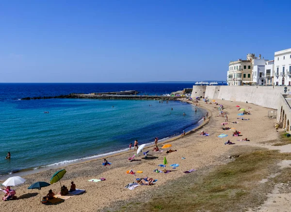 Akdeniz kıyısındaki derin mavi denizde güneşlenen insanlar.