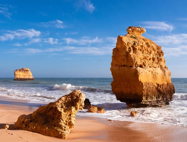 Carvoeiro yakınlarındaki güzel kayalık plaj praia da marinha, Algarve, Portekiz kıyıları..