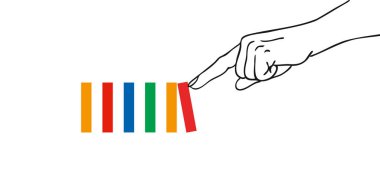 Index finger of a hand pushing the first domino and triggers a chain reaction clipart