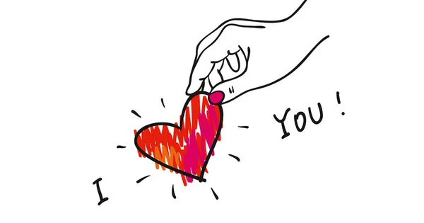 Give away his heart - Hand putting decorative red-pink heart into the letters I love you