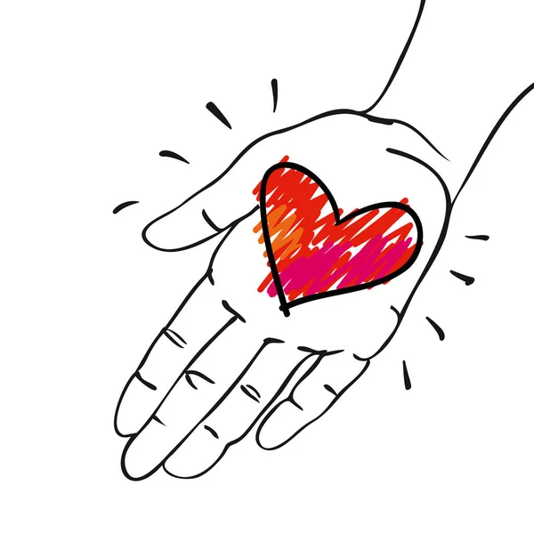 Regala su corazón - Mano con decorativo rojo-rosa corazón dibujado a mano ilustración vectorial para pancartas, tarjetas — Archivo Imágenes Vectoriales