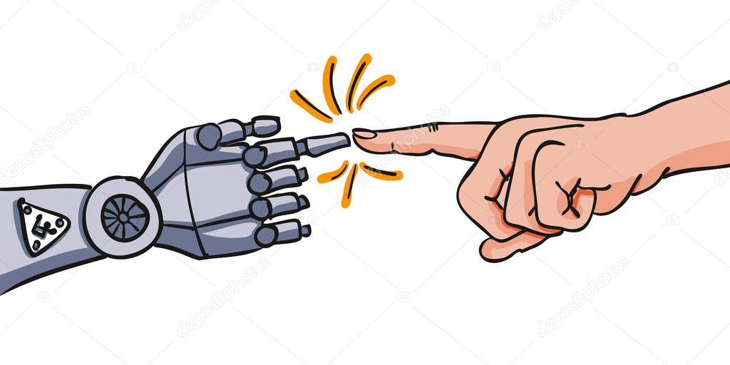 Human hand points with its index finger on hand of roboter - human-robot interaction