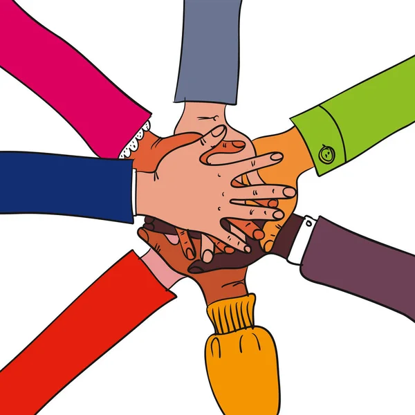 Different arms and hands of people joining together in the middle of the colorful illustration showing teamwork, diversity