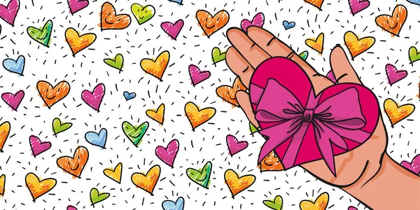 Give away his heart - Hand with red-pink heart shaped present with big ribbon and hearts in the background- hand-drawn vector illustration
